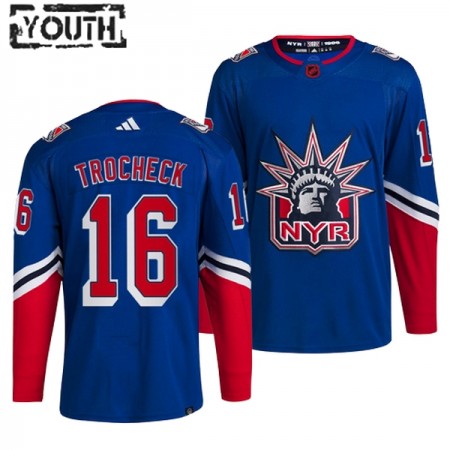 New York Rangers Dresy Vincent Trocheck 16 Adidas 2022-23 Modrý Reverse Retro 2.0 Authentic - Dětské